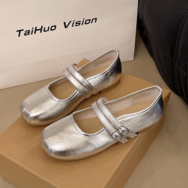 Retro Silver French Flat Bottom Light Mouth Single Shoes Women's 2025 Spring and Summer New Flat Bottom with Skirt Mary Jane Shoes