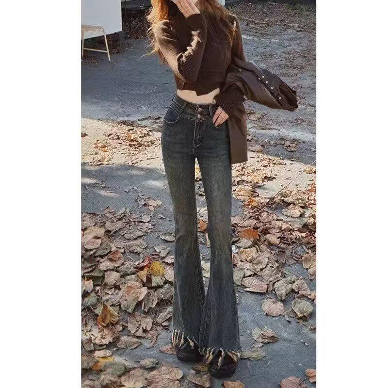 Cross-Border Tassel Cement Gray Micro-Flare Jeans: Women's 2026 Spring/Summer Elastic Slimming Retro Pants with Frayed Hem