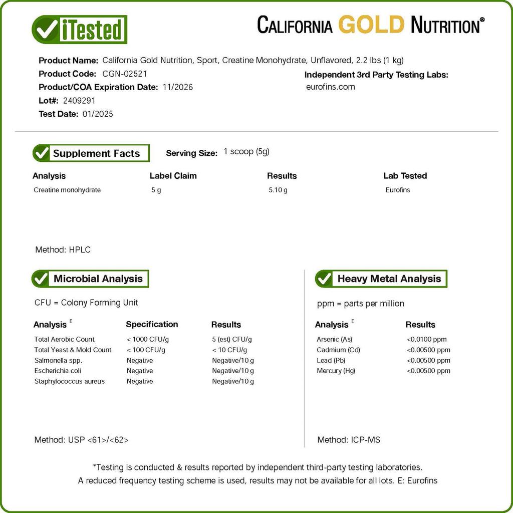 California Gold Nutrition Sport, Kreatin Monohydrat, Geschmacksneutral, 2,2 lb (1 kg)