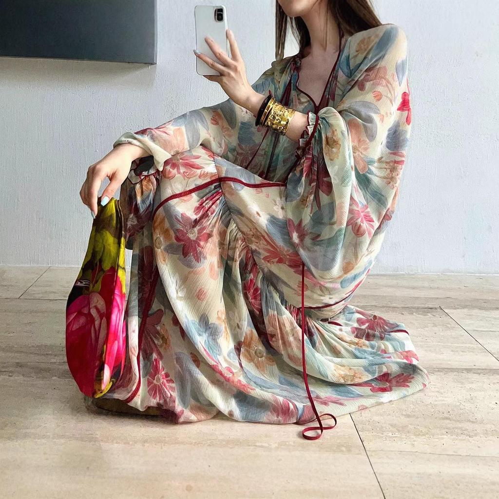 Available: French-Style Floral V-Neck Long Sleeve Dress