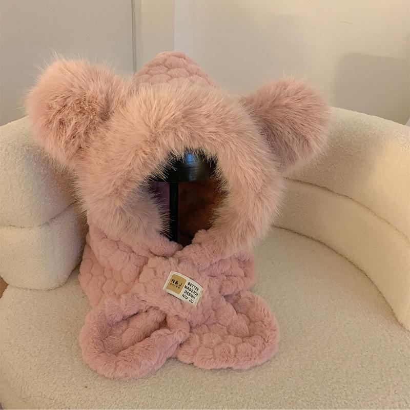 Bear plush hat women's winter scarf integrated warm thickened scarf cute cold winter ear protection two-piece set