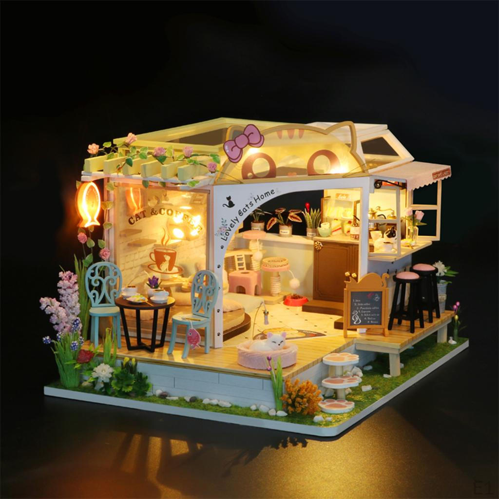Dollhouse Miniature Cat Coffee Shop with Furniture LED Gift