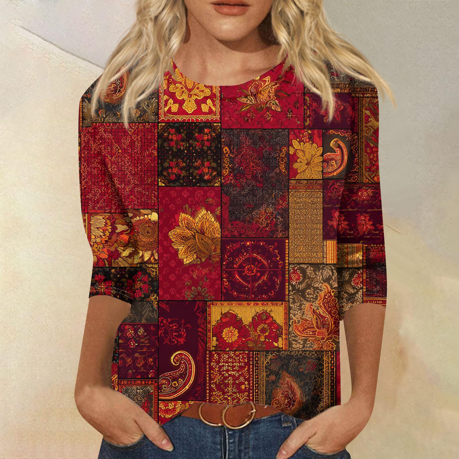 

Жіноча Модна Повсякденна Круглий Виріз Три чверті Рукав Ретро Принт Футболка Топ XL червоний