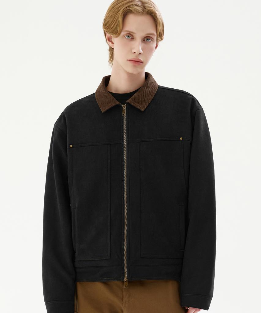 Trillion Corduroy Collar Suede Zip-Up Work Jacket [Black]