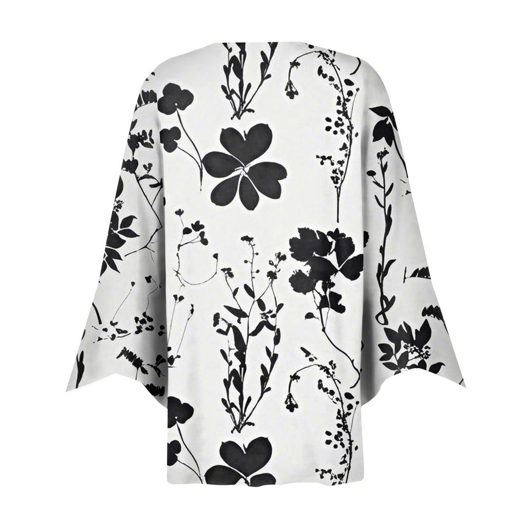 Women's Fashion Loose Casual Printed Seven-Part Sleeve Button Down Blouse Cardigan Top