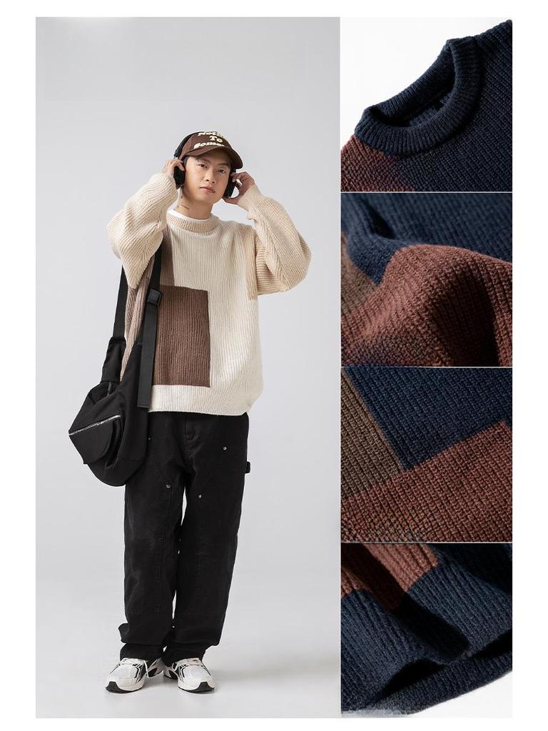 Unisex Color Block Striped Sweater, Autumn/Winter, Japanese Style, Loose Fit, Thick Knit