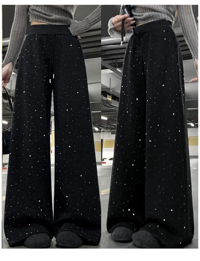 Women's High Waist Black Sequin Wide-Leg Pants - Spring 2026, Plus Velvet, Petite Drape, Straight Leg, New Arrival