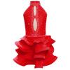 Girls Sparkly Rhinestone Latin Dance Dress Sleeveless Backless Design with Flowy Tiered Skirt for Competition