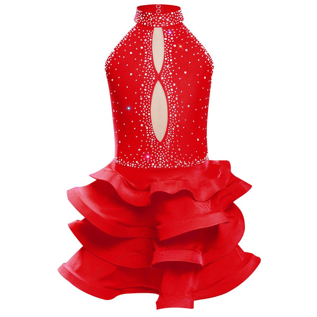 Girls Sparkly Rhinestone Latin Dance Dress Sleeveless Backless Design with Flowy Tiered Skirt for Competition