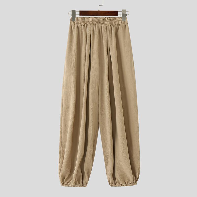 INCERUN Men Elastic Waist Pants Casual Loose Solid Color Texture Harem Trousers