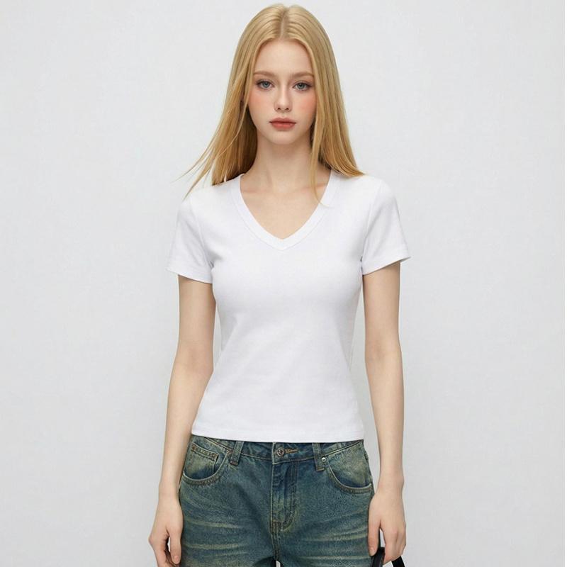 Summer Solid Color V-Neck Slim-Fit T-Shirt for Women, New Slim-Fit Round-Neck Short-Sleeve Top