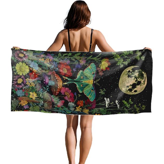 Gothic Butterfly Floral Beach Towel, Mystical Dark Cottagecore Wildflower Butterfly Moon Oversized Bath Swim Pool Towels for Bathroom Swimming Pool Gothic