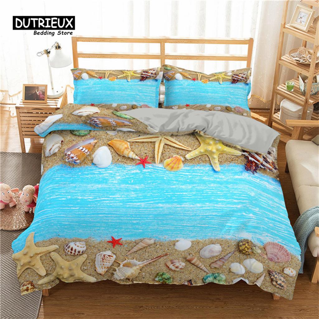 Seestern Muschel Strand Bettwäsche Set Mikrofaser Küste mit Sand mit buntem verschiedenen Muscheldruck Bettbezug Schlafzimmerdeko