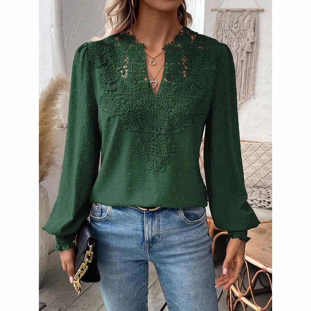 Luksuriøs bluse med hule blonder og V-hals for kvinner, ensfarget topp med lange ermer, elegant hverdagsbluse for kontordamen