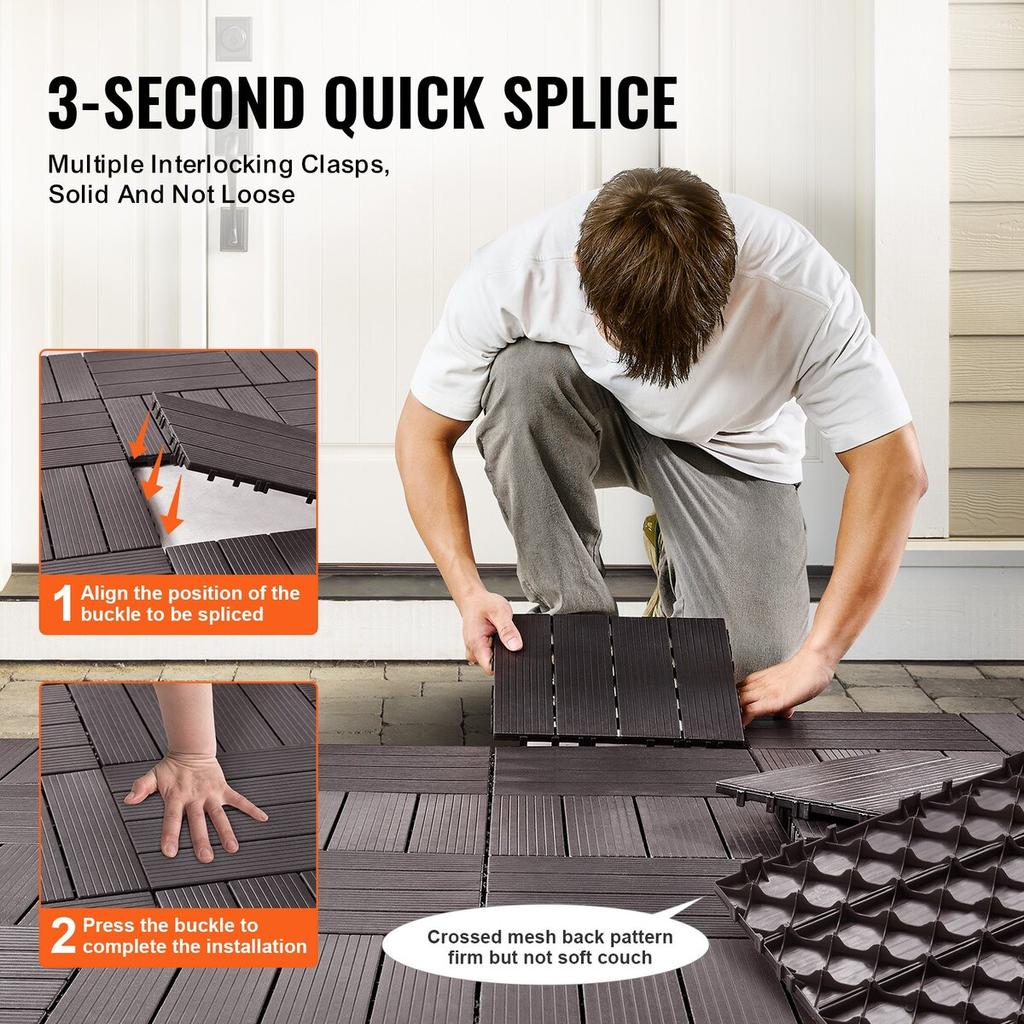Interlocking Deck Tiles 54 Pack 12"x12" Waterproof for Porch Dark Brown