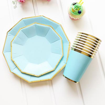 Pure Blue Paper Cups Plates With Bronzing Disposable Paper Tableware For Party Cake Plates Cups Wedding Birthday Banquet Picnic Dessert Decor