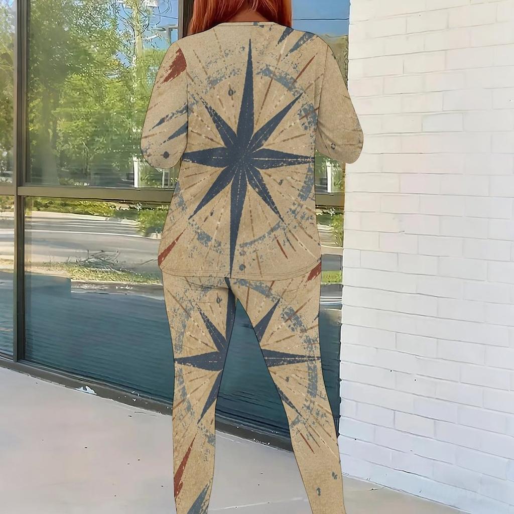 Women Plus Size Round Neck Long Sleeve Star Printed Top Fitted Pants Two Piece Set