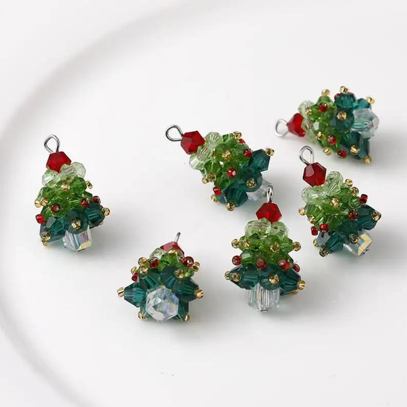 Winter Christmas Tree Charm Beaded Crystal Glass Handmade Woven for Earrings and Necklace Diy Making Jewelry Gifts Wholesale