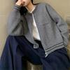 Autumn and Winter New Retro Lazy Style Contrasting Color Crew Neck Knitted Zipper Cardigan Fashionable Versatile Loose Sweater Women