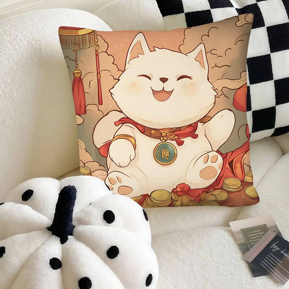 Cute Lucky Cat Pillow Case Fashion Square Pillowcase Bedroom Sofa Room Ins Decoration Leisure