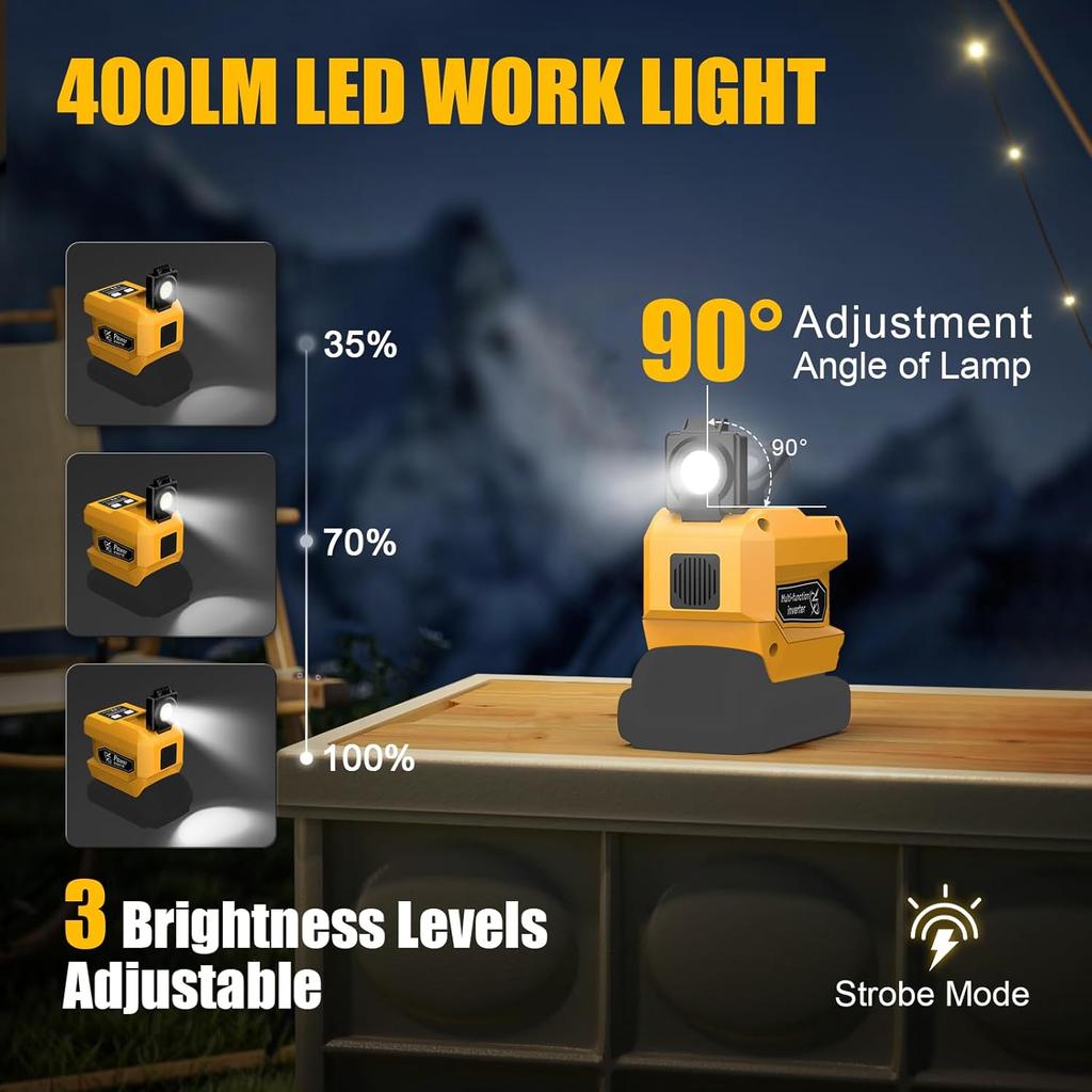 220W Portable Power Inverter Compatible With Dewalt 20V Battery, DC 20V To AC 110V Battery Inverter, Power Station With 400LM LED Work Light, 1 AC