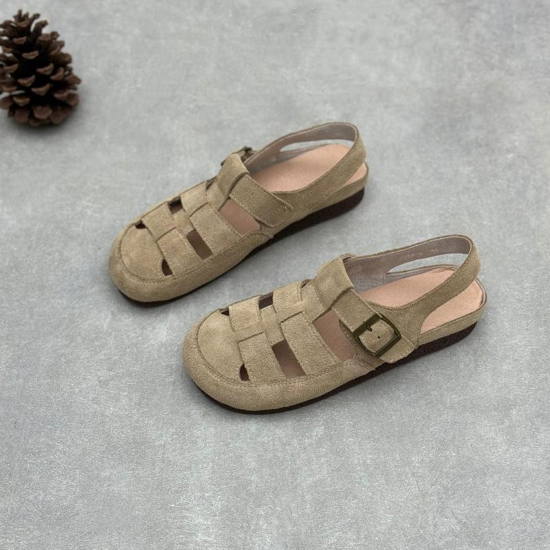 Johnature Sandalias planas de piel genuina tejida de punta redonda, retro de ante de vaca, versátiles, para mujer