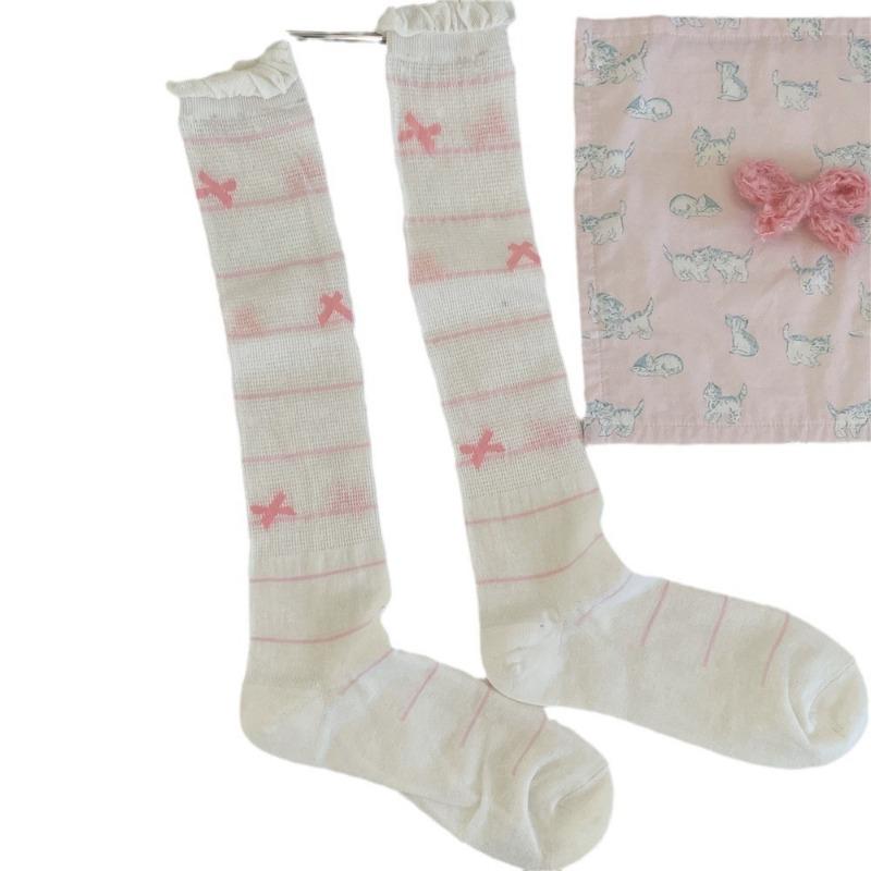 2 Pairs of Bubble Socks, Bow Calf Socks, Summer Ballet-style Long Tube Pile Socks, Lace Socks