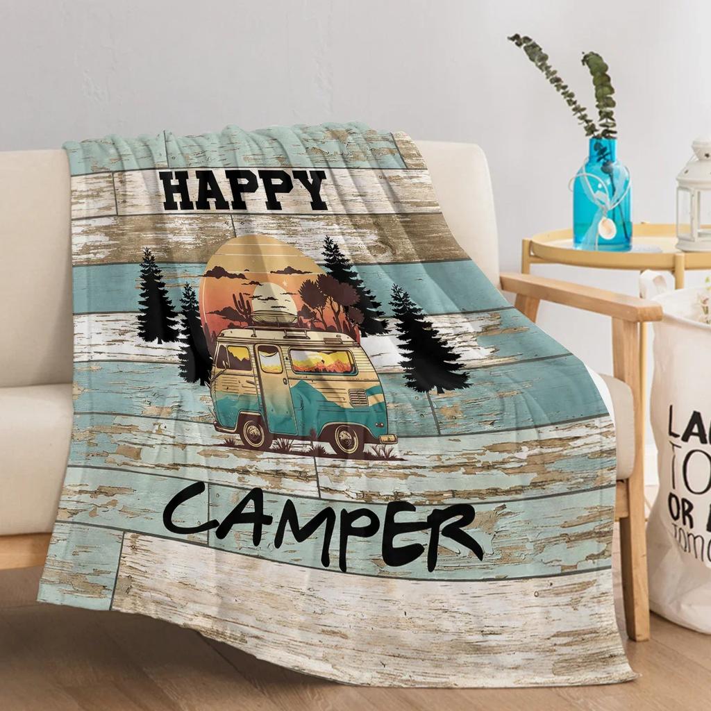 Holzmaserung glücklich Camping Bus Muster Tagesdecke weiche gemütliche Fleece Flanelldecke für Couch Schlafsofa