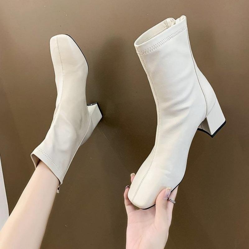 Martin Boots Women's New Women's Boots Winter Square Head Rear Zipper Short Boots Women's Thick Heel Medium Heel Boots Women's 6cm