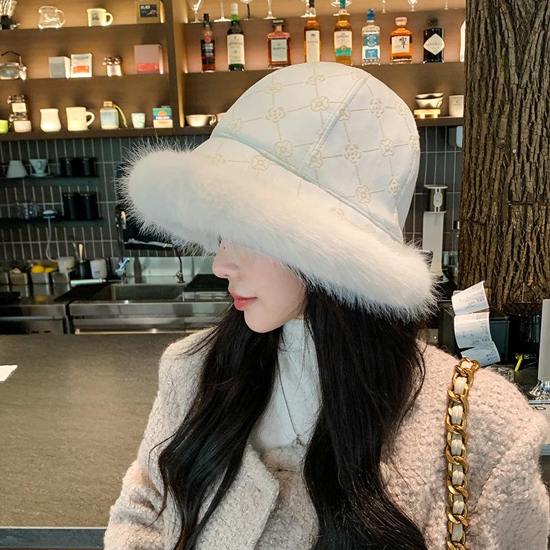 Women Fur Trimmed Bucket Hat Girls 90s Winter Warm Thicken Plush Fisherman Cap Basin Hats Fuzzy Faux Fur Hat