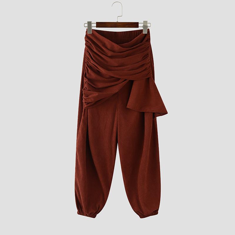 

INCERUN Men Casual Wrap Elastic Waist Texture Corduroy Long Drop-crotch Pants Harem Trousers 4XL ржавый