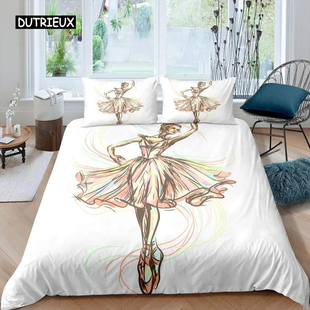 Ballet Dancer Duvet Cover Set Cartoon Dancer Girly Bedding Set Beauty Ballet Quilt Cover Twin Queen King Microfiber Bedclothes Three Piece Set
