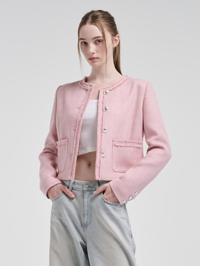 Etmon Fringe Detail Tweed Jacket, Pink