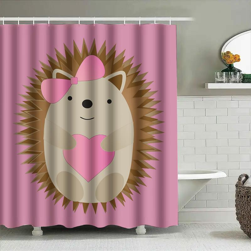 Cute Hedgehog Cartoon Shower Curtain For Bathroom Decor Pink Animal Design Waterproof Fabric Shower Curtains Set Home Decoration