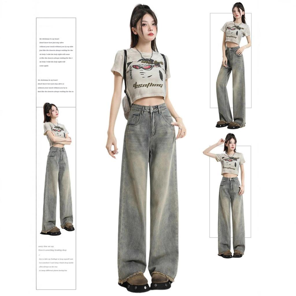 Washed Ragged Do Old Wide Leg Jeans Women's High-waisted Vintage Large Size Loose Straight Thin Draped Trousers Jeans for Women Long Denim Pants