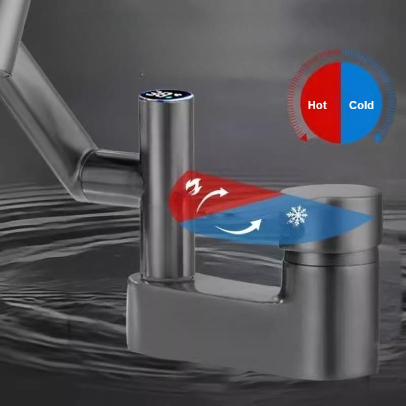 Washbasin Faucet Bathroom Multi-functional Mechanical Arm Cold and Hot Water Tap Digital Display Household Universal Rotation