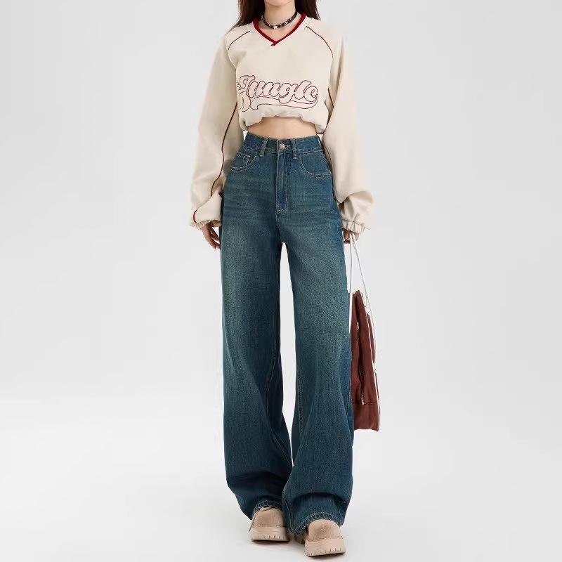 

Женские джинсы с высокой талией и широкими штанинами, для похудения - 2025, ретро, свободные, прямые, брюки в пол для осени и зимы 3XL темно-синий