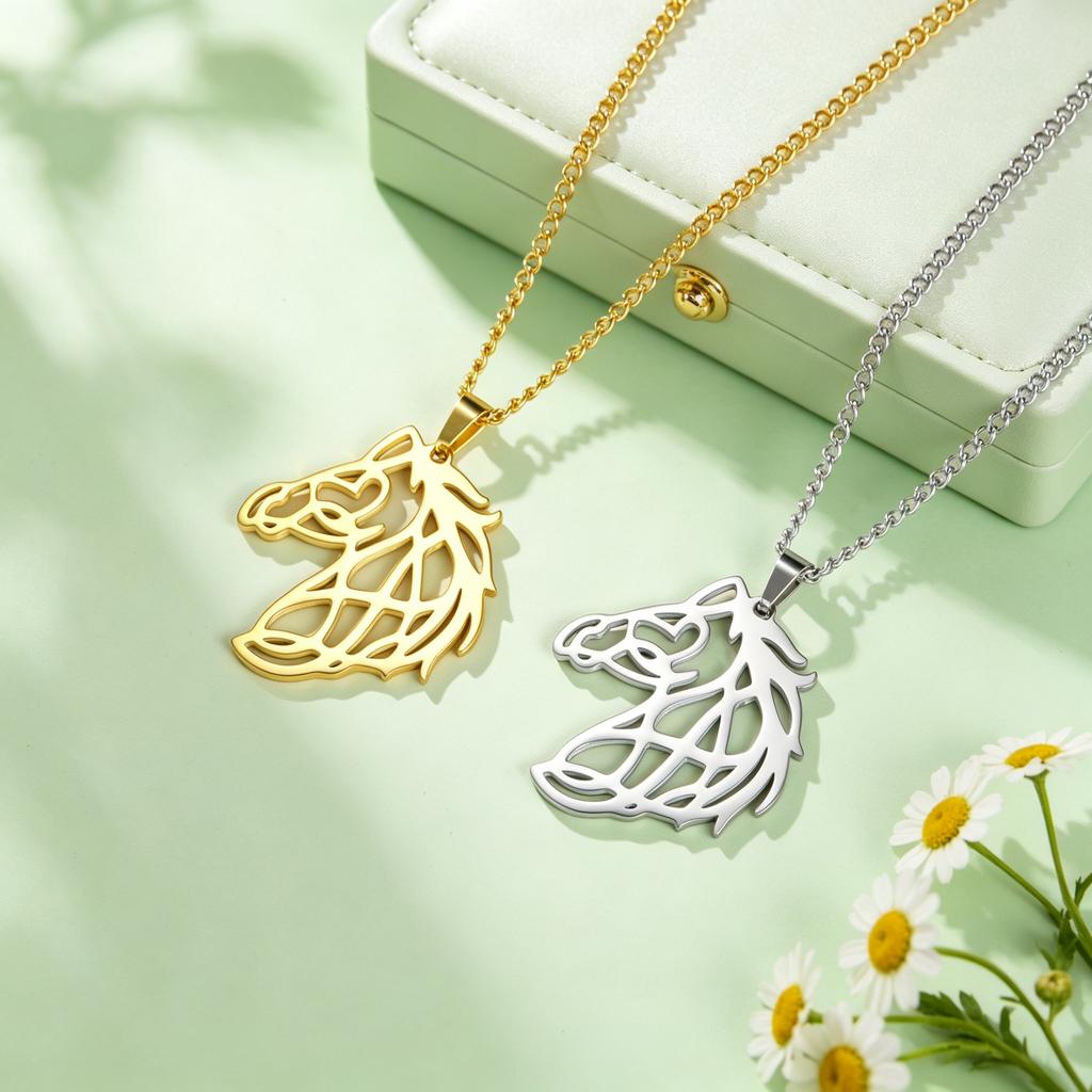 Retro Fashion Hollow Line Horsehead Necklace Stainless Steel Geometric Horsehead Animal Pendant Neck Chain Jewelry Gift