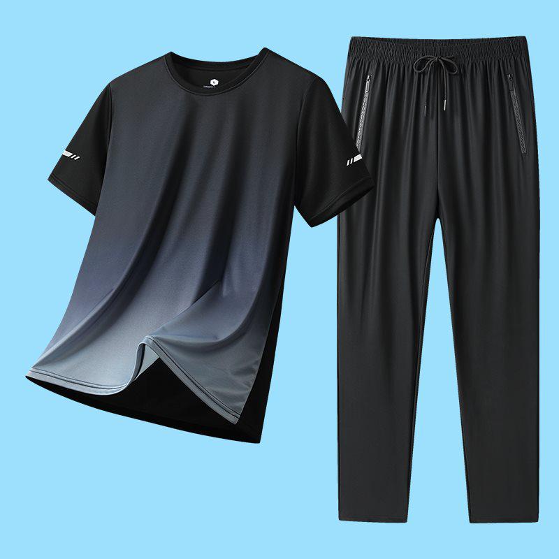 2026 Summer Men's Ice Silk Casual Sports Set: Round Neck Short Sleeve & Long Pants