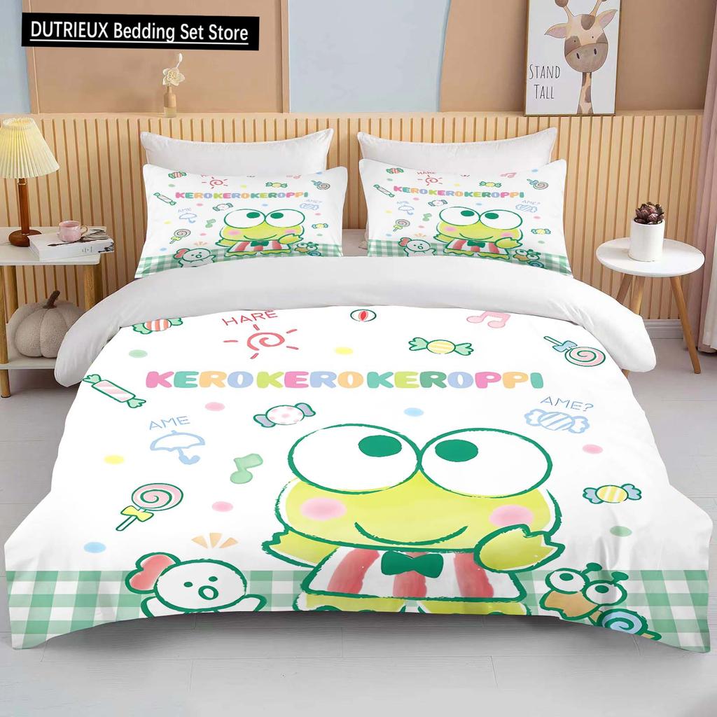 10 Sizes Sanrio Keroppi Printed Bedding Set Cartoon Anime Duvet Cover Comforter Pillowcase Boys Girls Children Adults King Gift