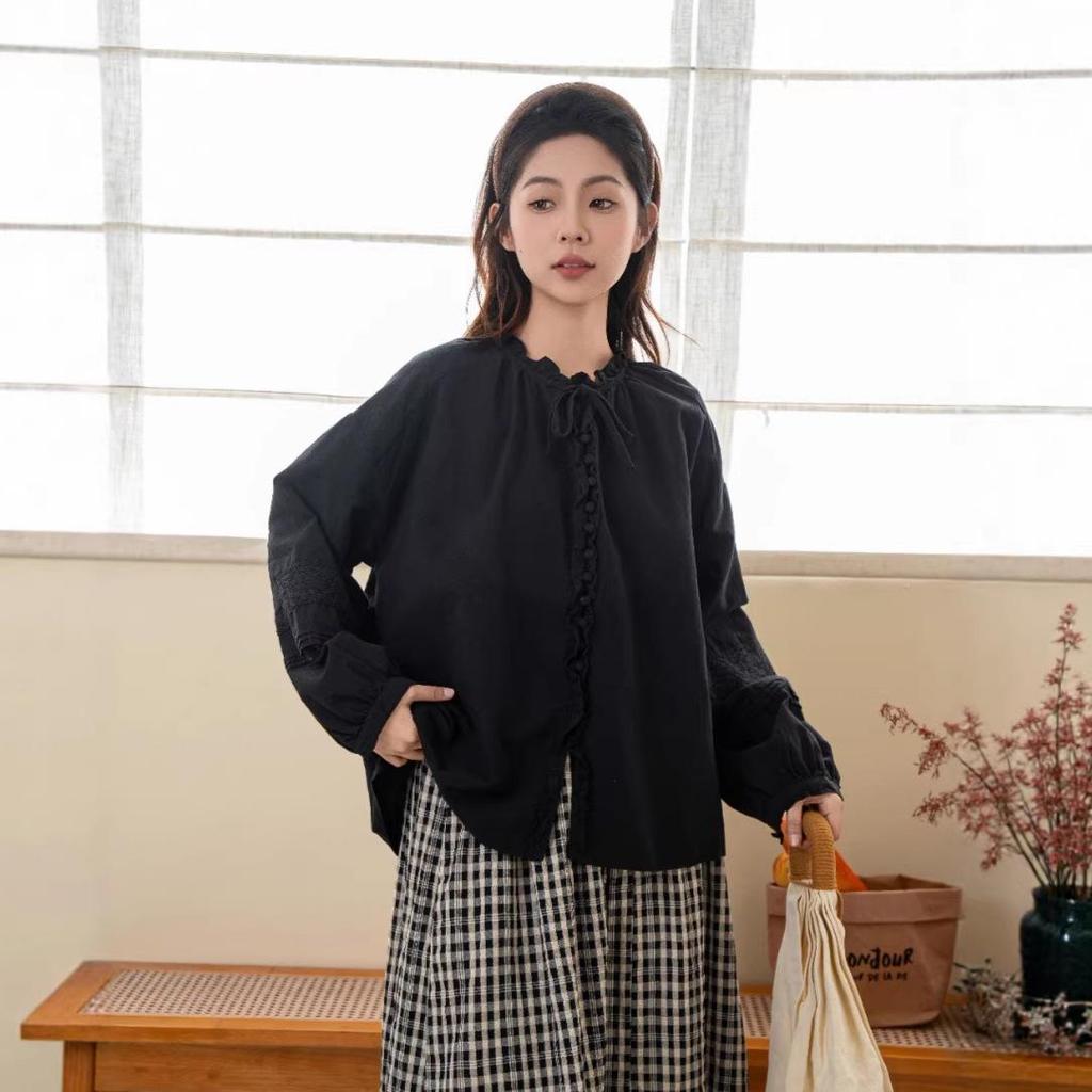 Forest Girl Lace Collar Puff Sleeve Cotton-Linen Cardigan
