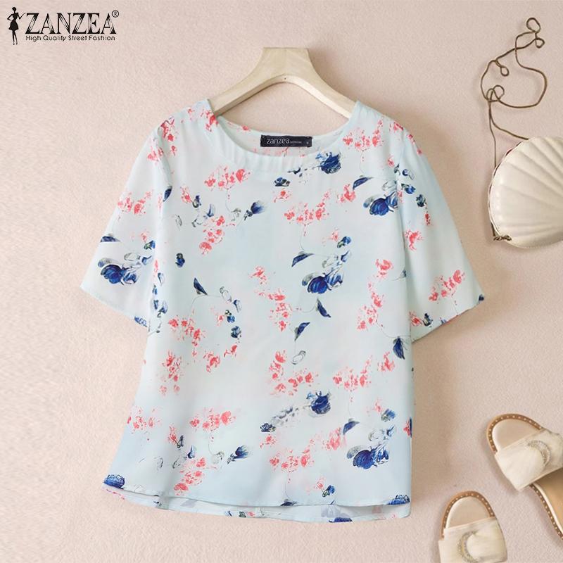 ZANZEA Women Casual Round Neck Half Sleeve Summer Floral Blouse