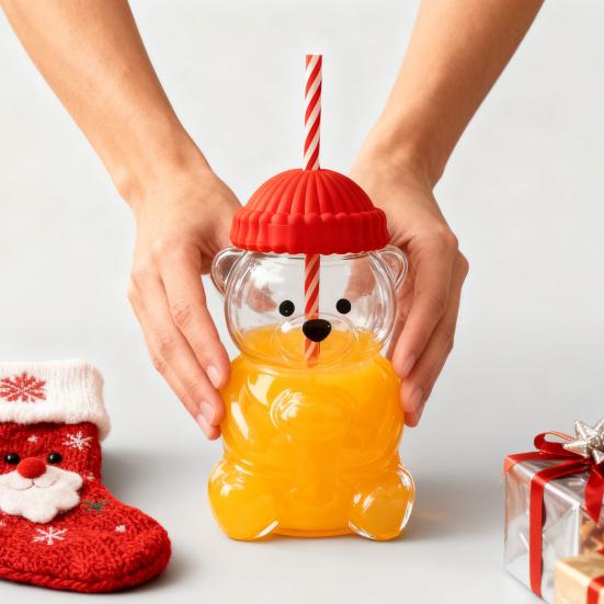 Yousheng Medvídek Pítko s víčkem a brčkem Roztomilý design medvídka Skleněný kelímek na džus, mléko, čaj, smoothie Vhodný do mikrovlnné trouby Kelímek na nápoje pro děti a dospělé