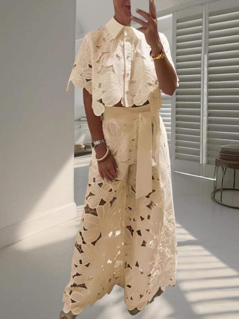 2025 Summer Women's Solid Color Casual Hollow Out Cardigan & Wide Leg Pants Set