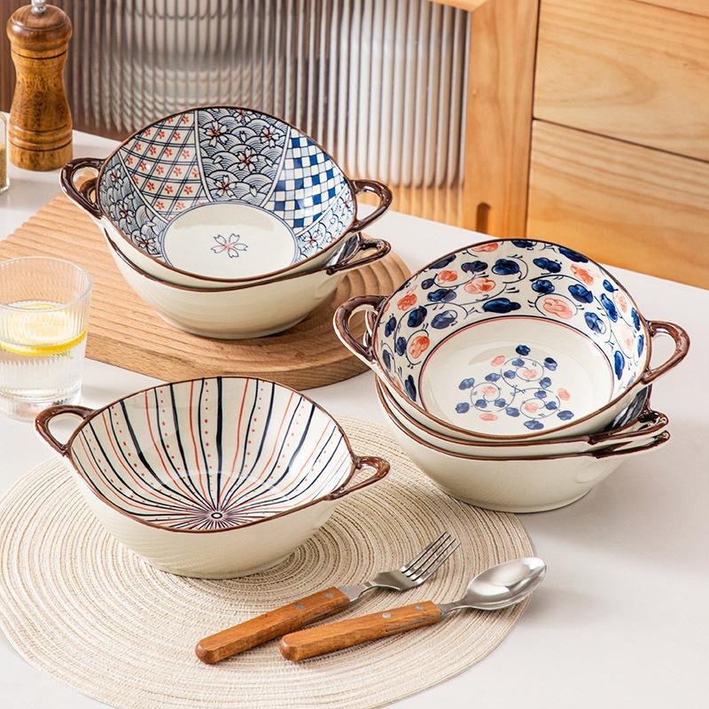 Japanese Hand-painted Ramen Noodle Bowl Vintage Ceramic Salad Soup Bowl With Handle Baking Bowl Kitchen Tableware Microwave Safe