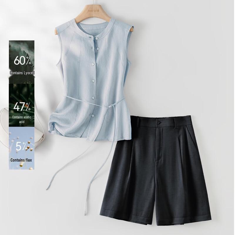 IHIMI Women s Lyocell Linen Blend Lightweight Shirt & Shorts Set M