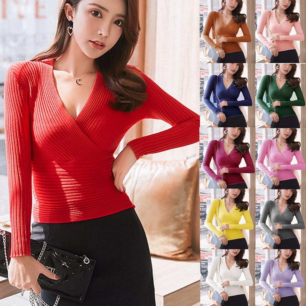 

Модные женские однотонные вязаные свитера с v-образным вырезом и длинными рукавами, тонкие топы, пуловеры