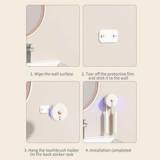 UV Toothbrush Sanitizer 2 Slots USB Rechargeable No Drilling Portable Home Travel Bathroom Wall Mounted Electric Toothbrush Holder Cleaner