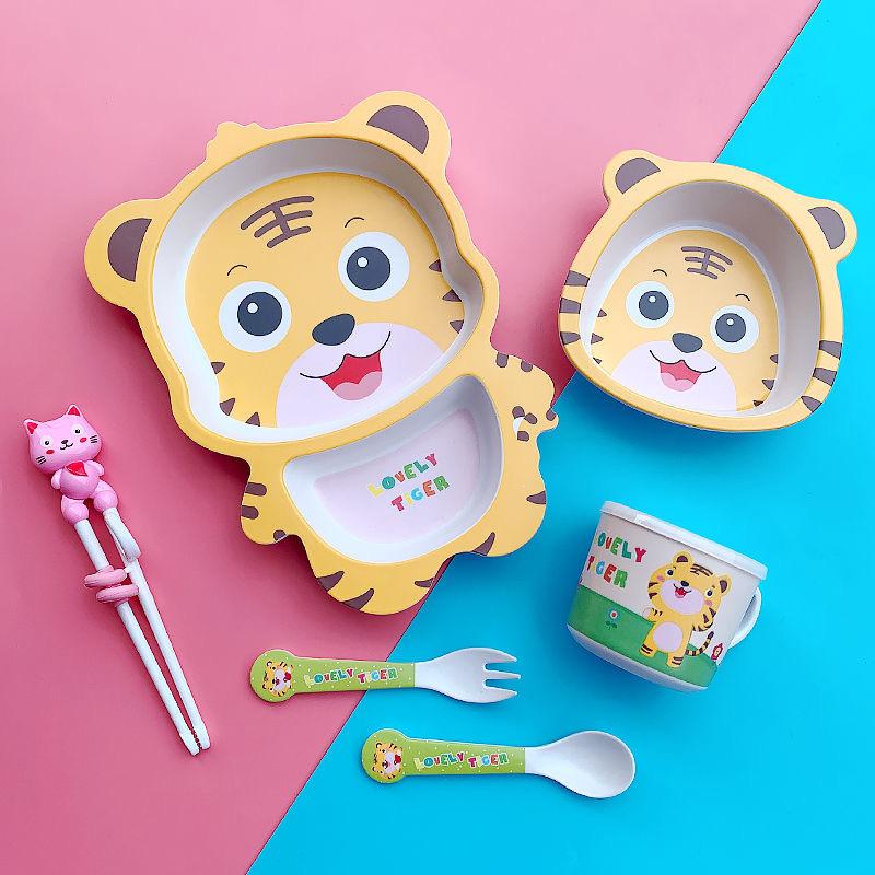 Cartoon cute bamboo fiber children's tableware set animal household baby auxiliary food bowls divided plate eco friendly dishset