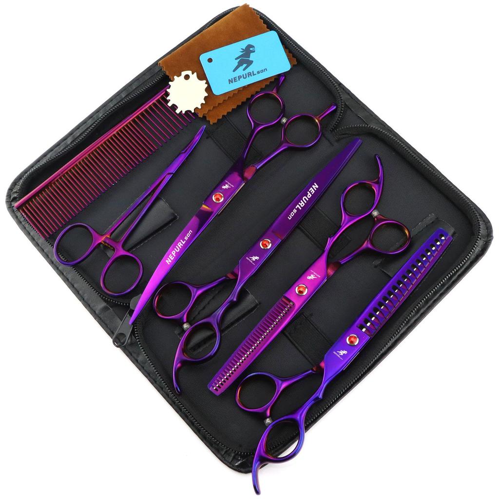 7.0-Inch Purple Plating Pet Grooming Scissors Set: Straight, Fine-Tooth, Serrated, and Fishbone Shears